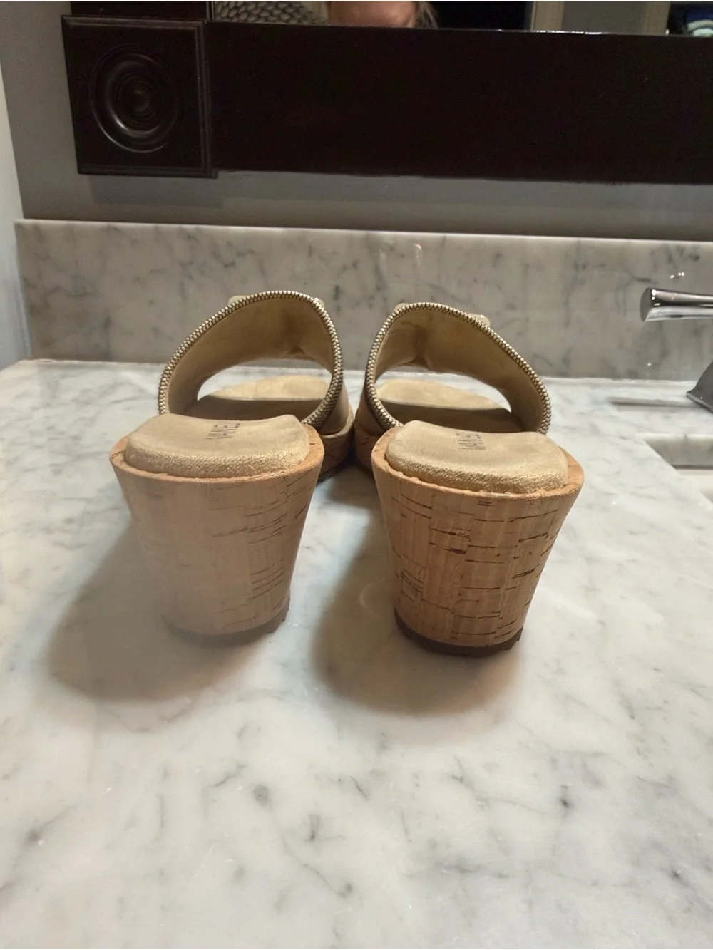 Vaneli Tan and Cream Cattee Wedge Slide Sandals with Buckle